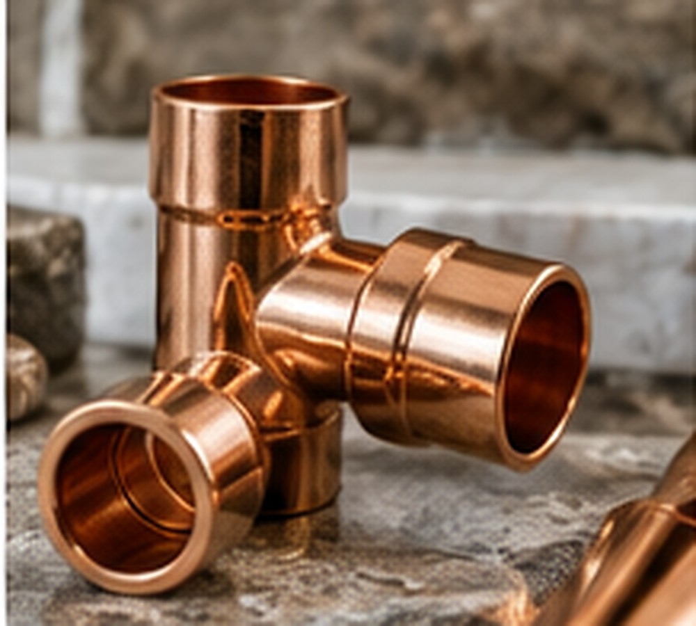 Copper plumbing fittings arranged as professional product photography