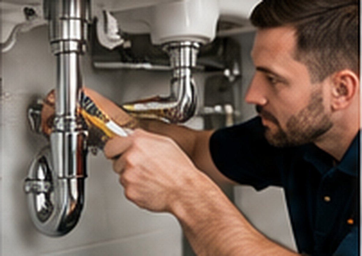 Professional plumbing engineer working on installed pipework